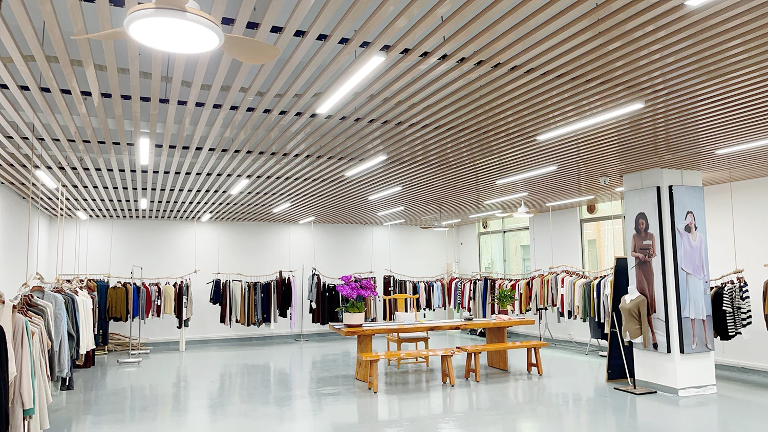 Knitwear styles displayed in the Rishi Apparel showroom in Dongguan