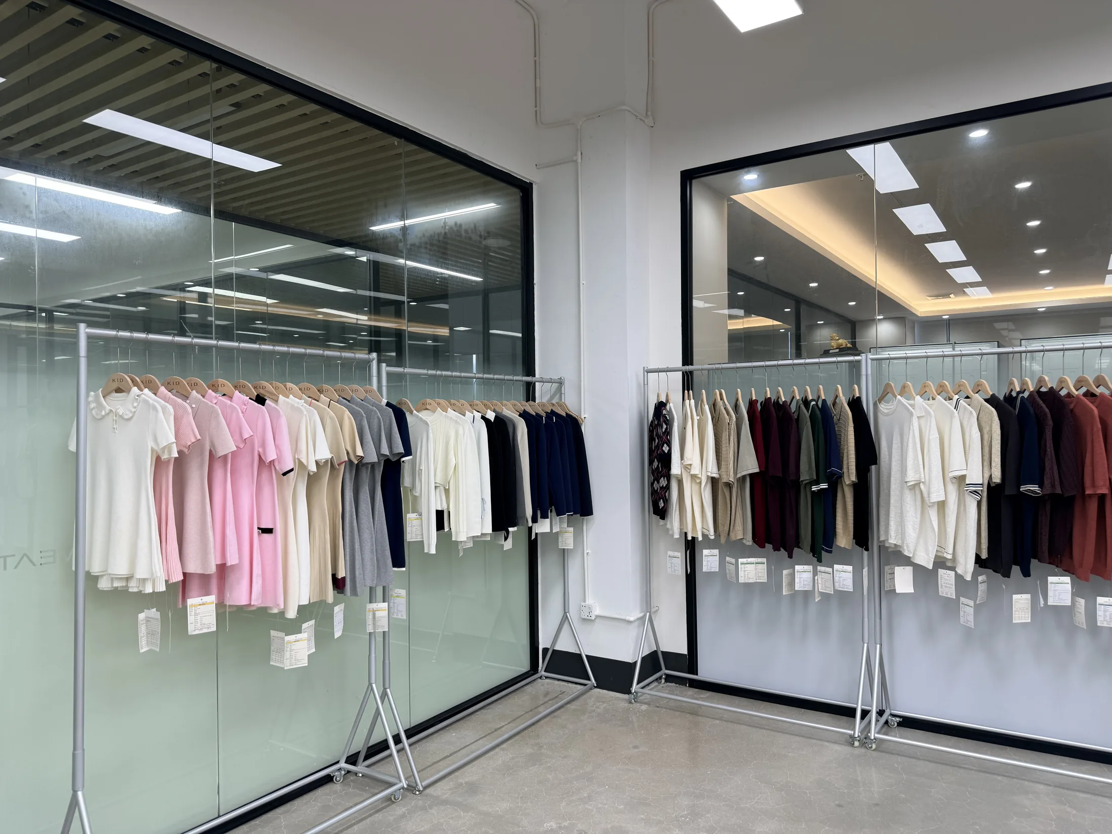 Knitwear collection references displayed in the Rishi Apparel showroom